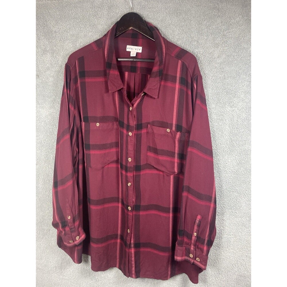 Ava & Viv‎ Womens Button Up Shirt 4X Burgundy Plaid Rayon Grunge Academia Cabin